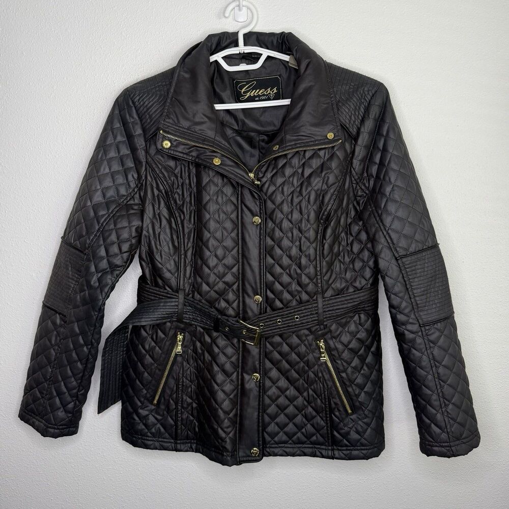 Vintage Guess Quilted Belted Coat Black Gold Trim Women’s XL Snap Zip Jacket